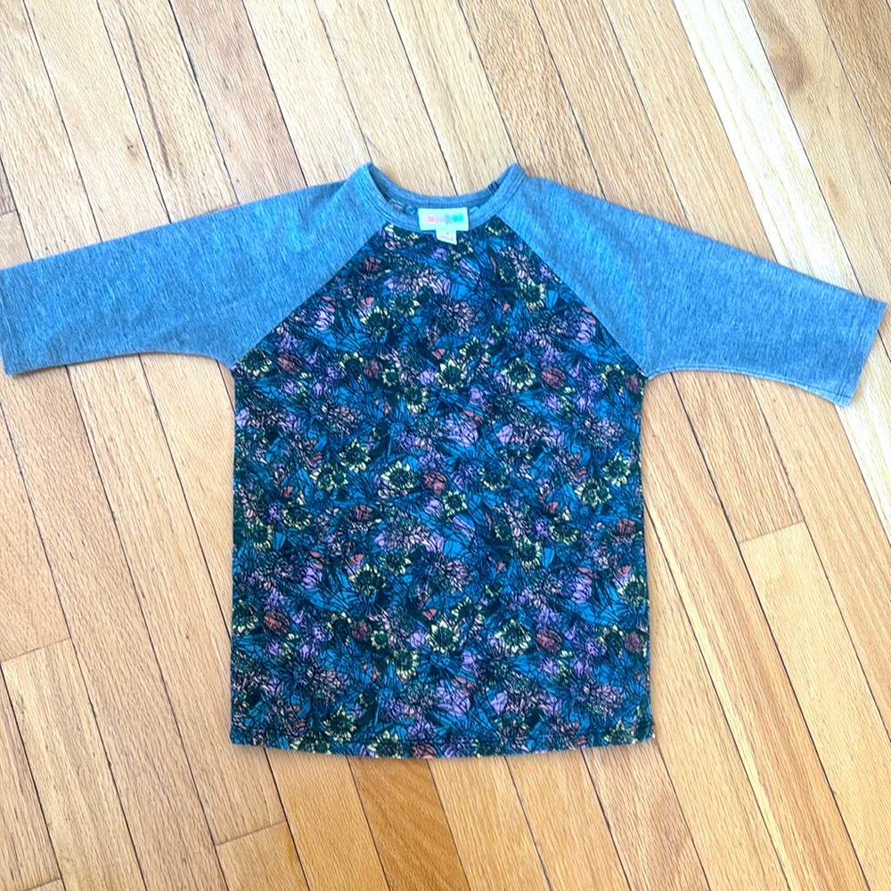 Lularoe Randy 4T girls Henley shirt orange purple blue black outline flowers